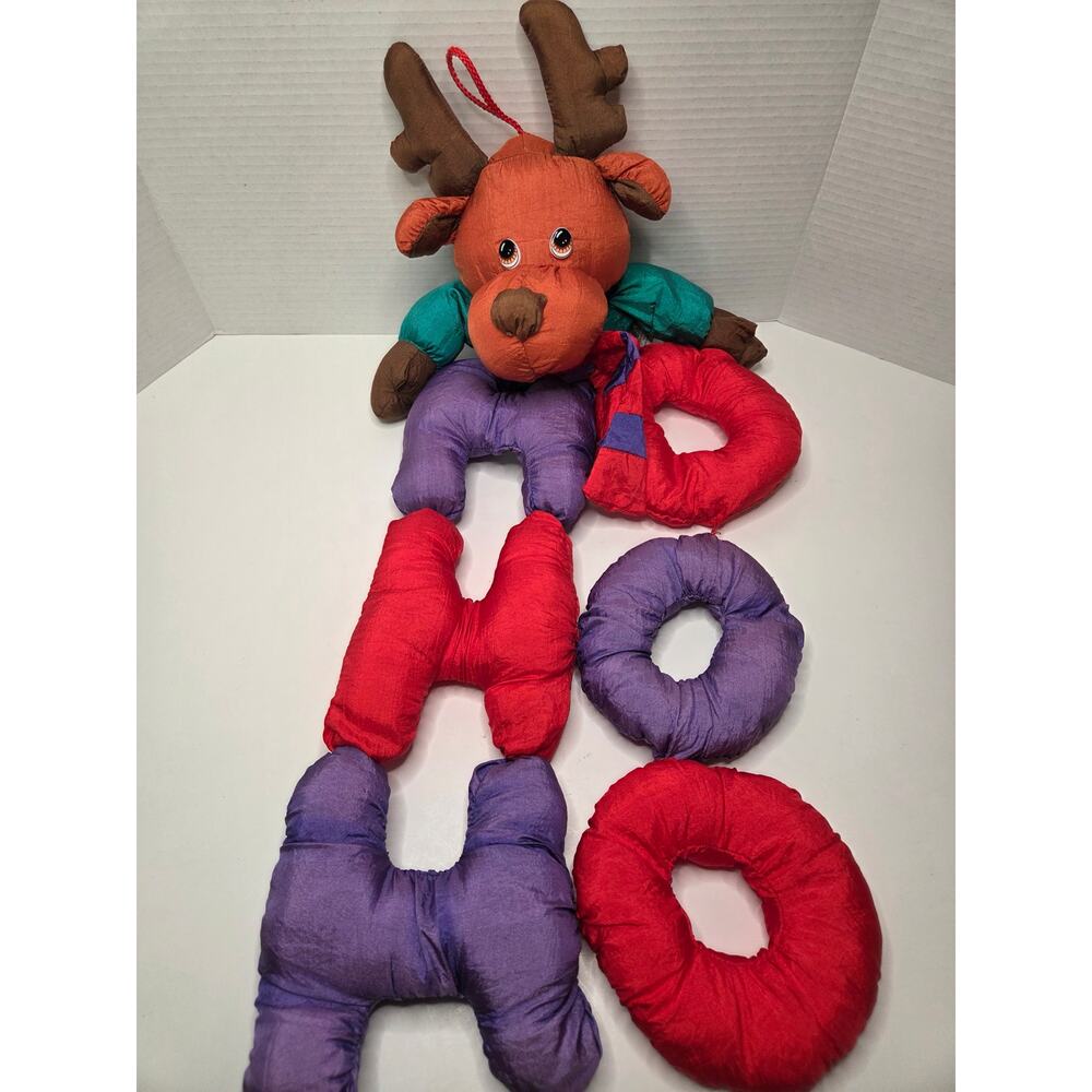 Vintage Ho Ho Ho‎ Plush Reindeer Door Hanger 32" Christmas Nylon Puff Decoration